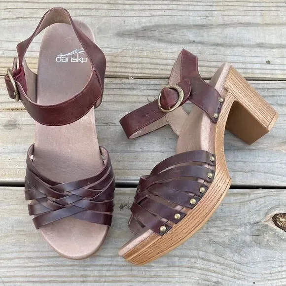 Dansko Dawson Leather Woven Sandal Ruby Vintage Wooden Platform Block Heels - Picture 2 of 11